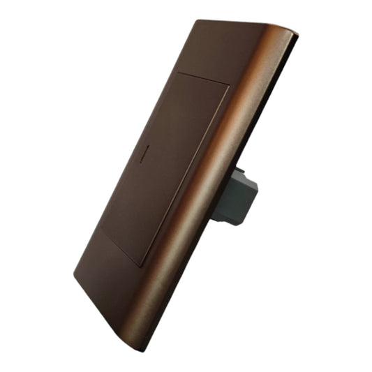 A modern wall switch plate with a brushed bronze finish and a built-in mounting bracket, shown at an angle on a plain white background.