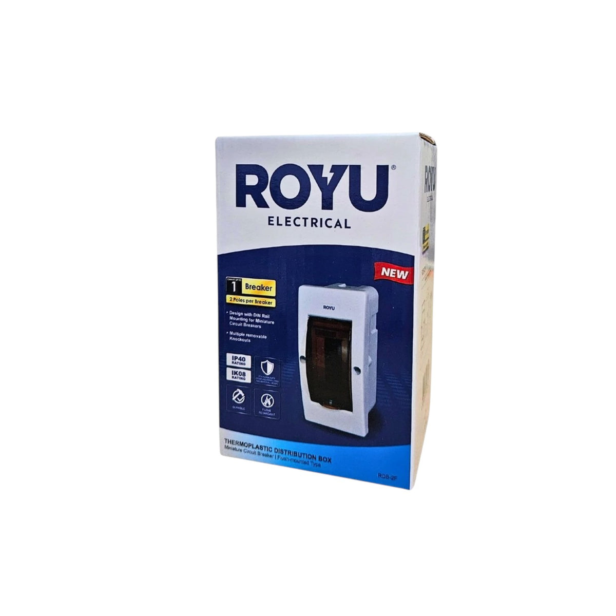 ROYU Electrical thermoelectric distribution box in its retail packaging, featuring a white and dark blue box with a photo of the white electrical box on the front.