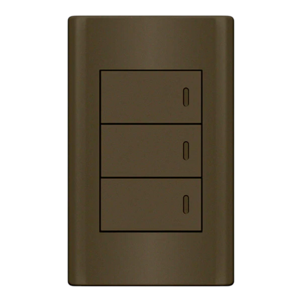 A three-button light switch panel with a dark brown brushed metal finish, isolated on a white background.