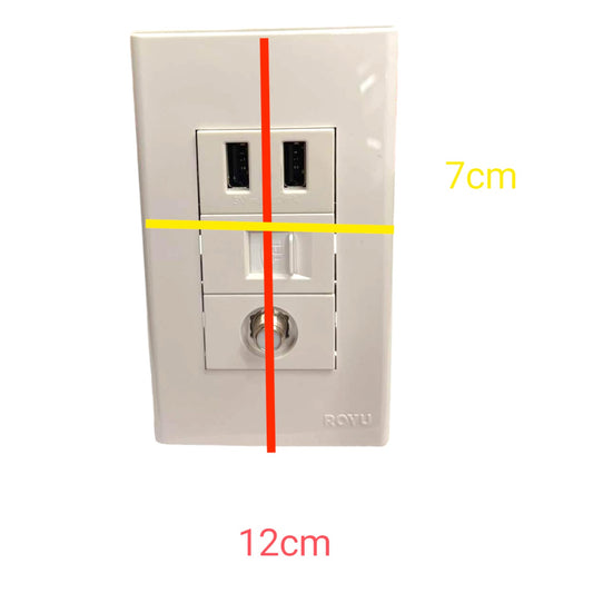 A white wall outlet cover plate with dimension annotations showing 12cm width and 7cm height, with red and yellow measurement lines overlaid on a plain white background.