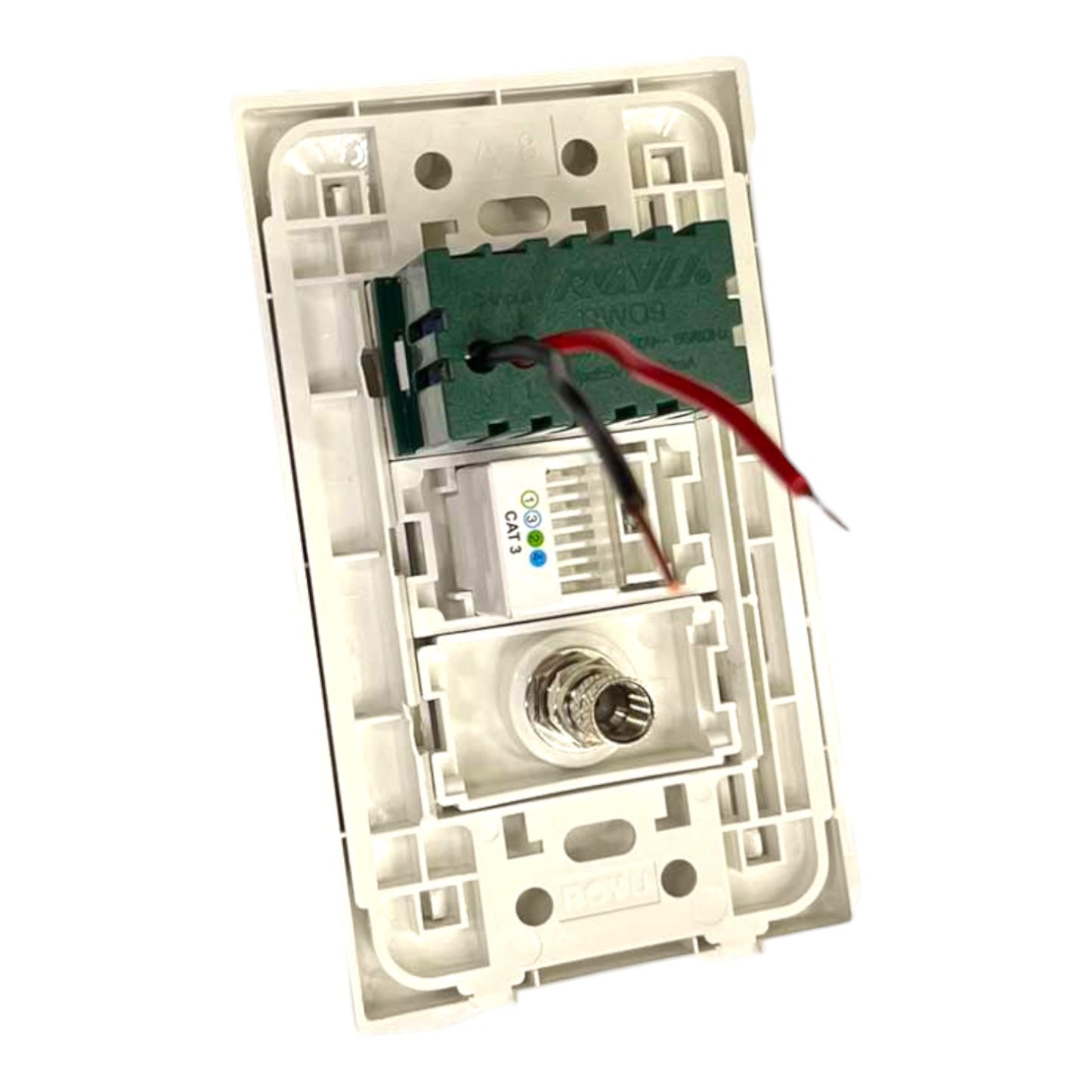 An open white plastic light switch wall plate showing internal components, including a green terminal block, a white control module with red and black wires, and a glass bulb socket, isolated on a white background.