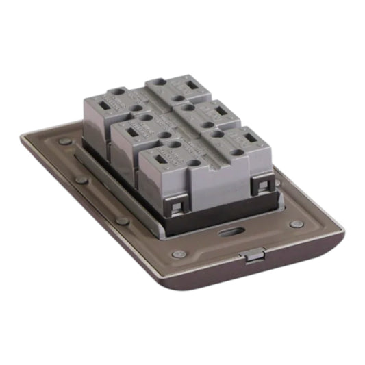 A gray electrical terminal block connector mounted on a brown metal base plate, shown on a plain white background.