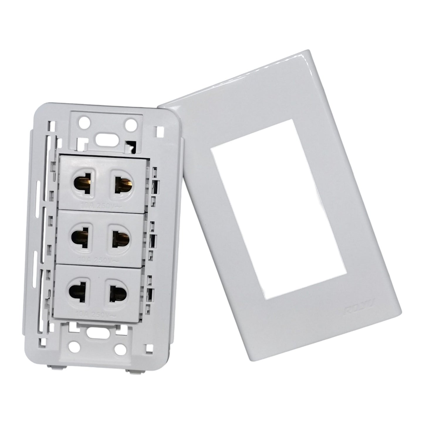 White electrical outlet cover plate with three outlets visible behind a clear front cover, shown on a plain white background.