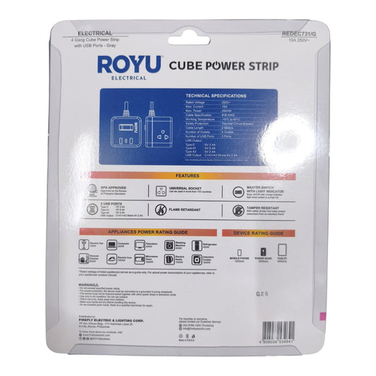 The back of the retail packaging for the ROYU Electrical Cube Power Strip, showing technical specifications, features, and rating guides on a white card backing.