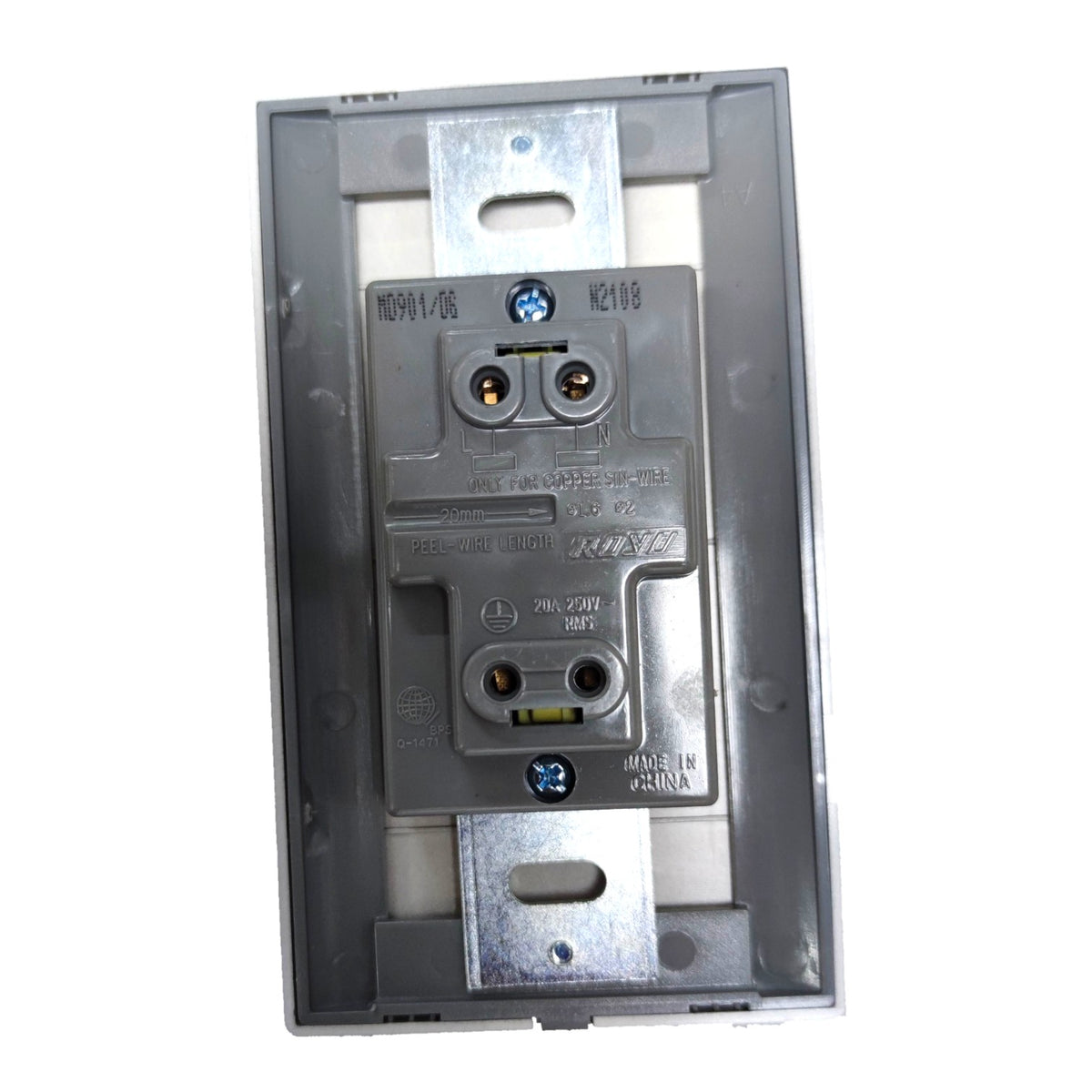 A gray plastic electrical outlet cover plate showing the back side with screw terminals and internal metal contacts, isolated on a white background.