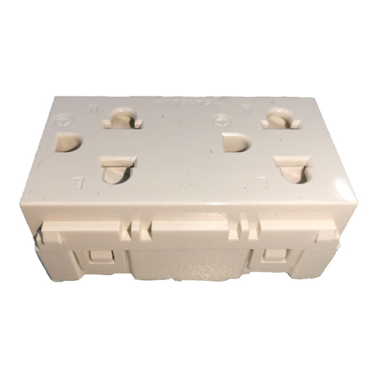 An off-white plastic electrical outlet cover plate or socket cover, photographed from a top-down angle on a white background.