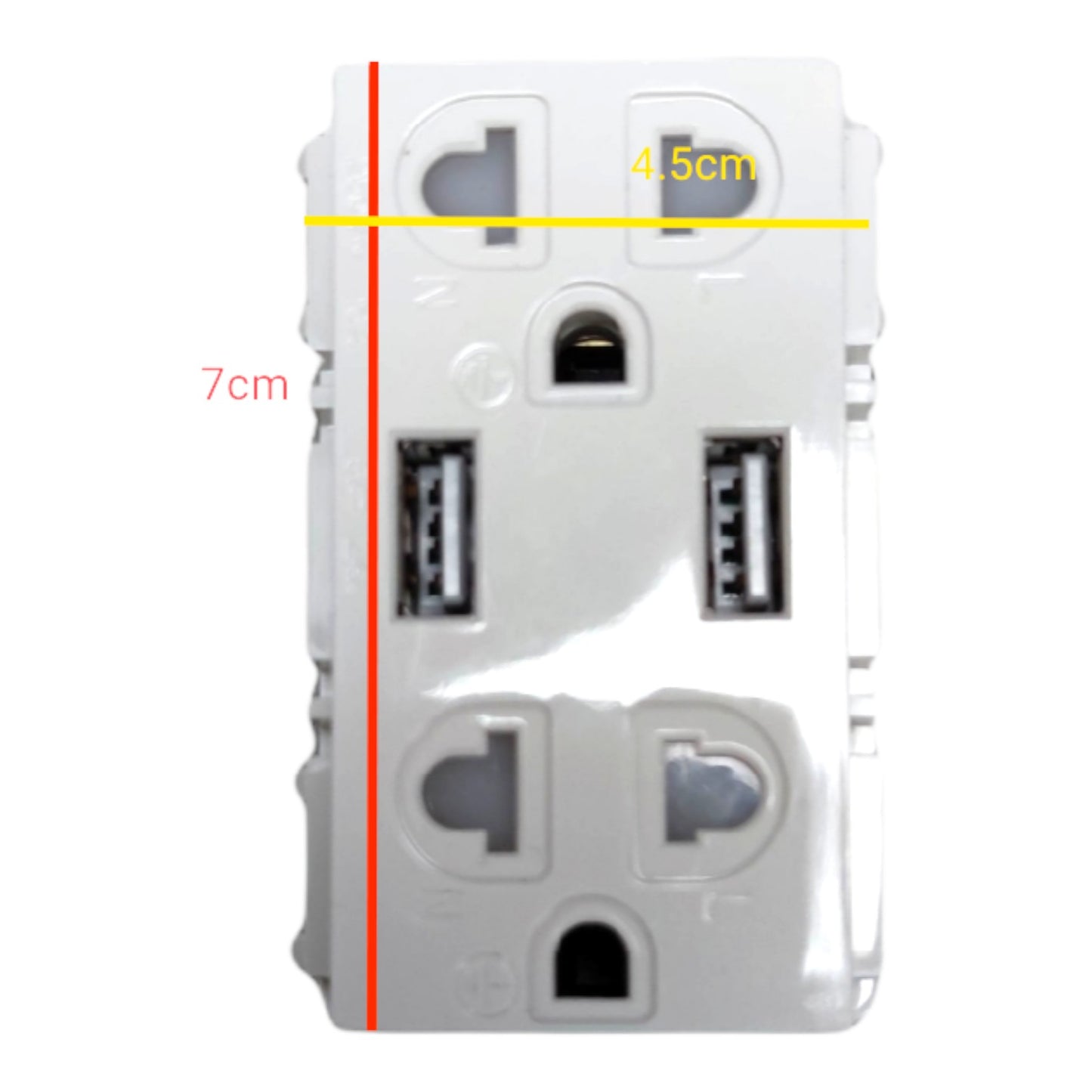 White multi-port USB wall charger adapter with dimension markings showing 7cm height, 4.5cm width, and a red side edge line on a white background.