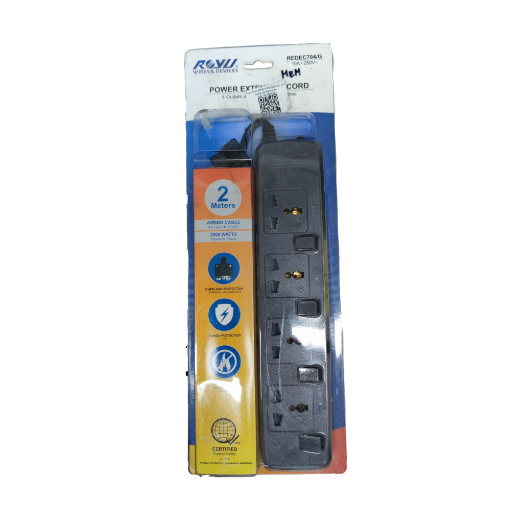 Royu power strip with 4 outlets with individual switch and 2 meters wiring cable for home use