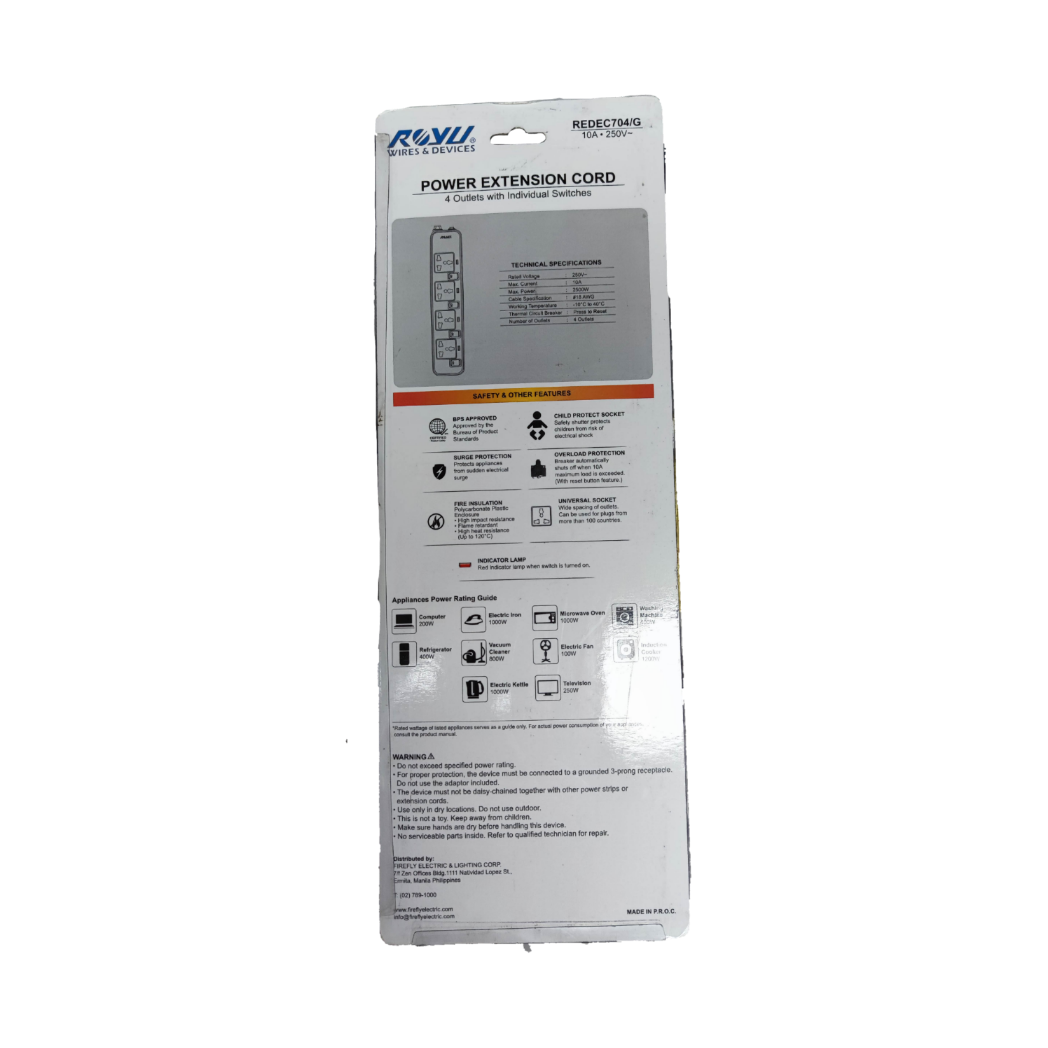 Royu power extension cord packaging showing 4 outlets with individual switch features and technical specifications