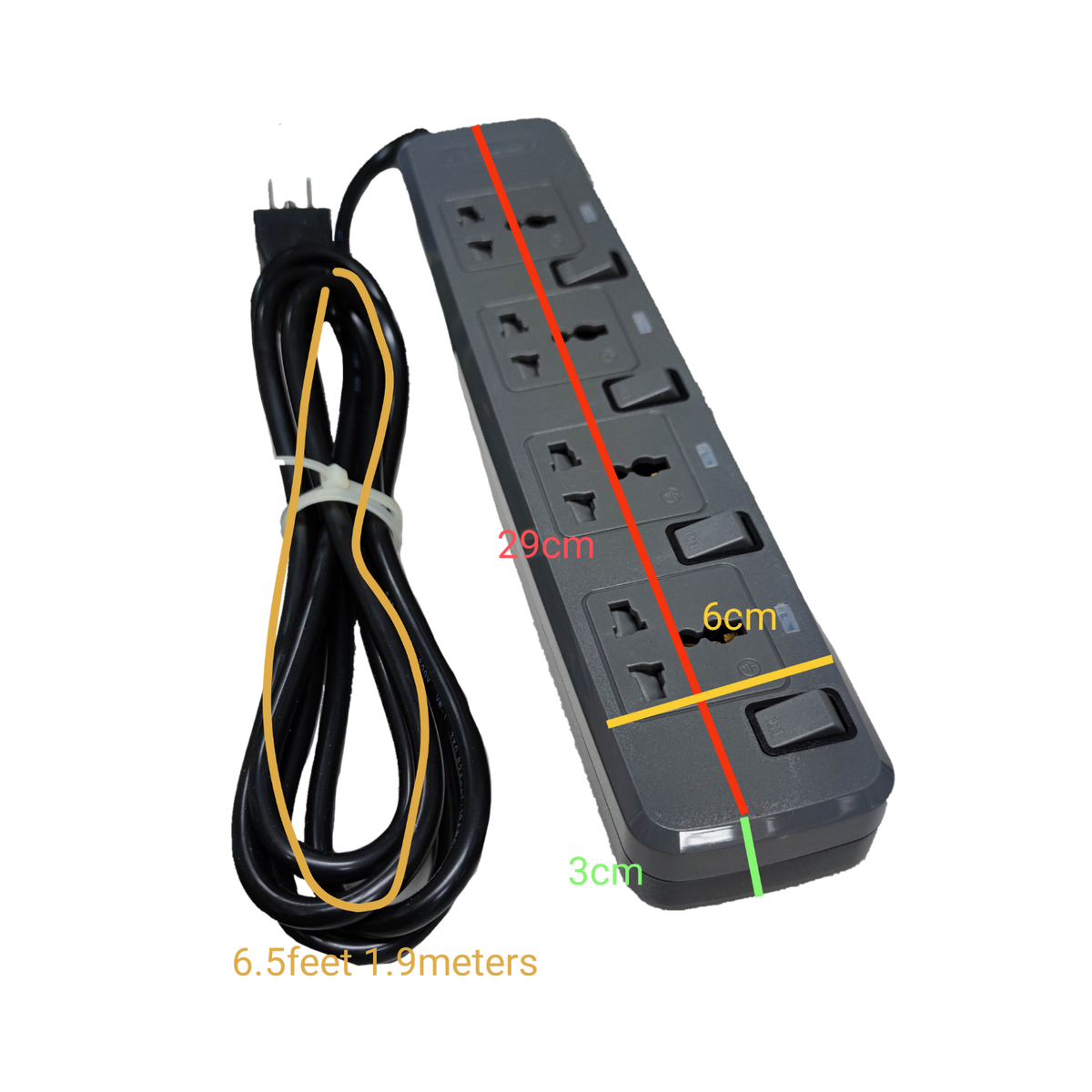 Royu power strip with 4 outlets with individual switch and 6.5 feet extension cord