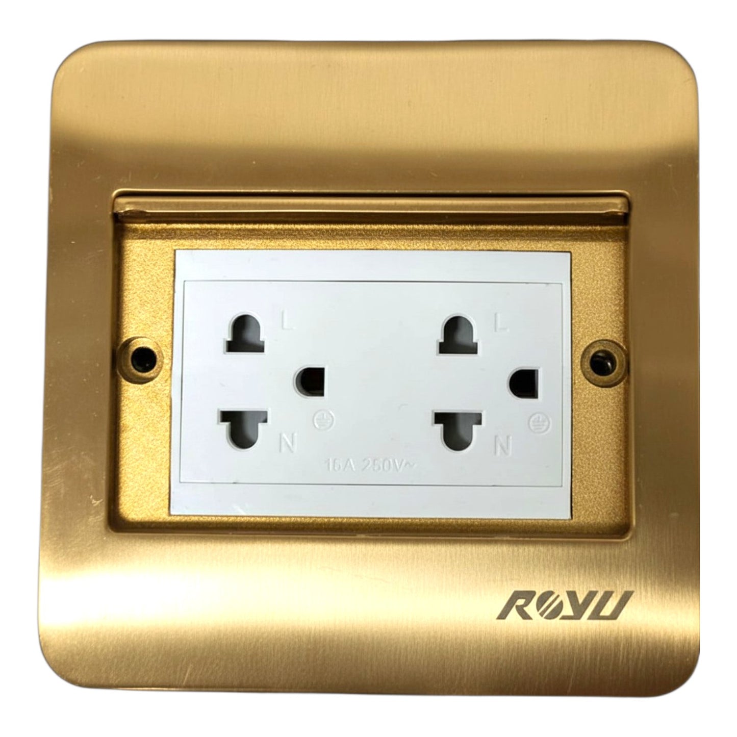 A brushed gold metal double outlet wall socket cover plate with a white internal socket insert and the brand name ROYU printed in gold at the bottom right.