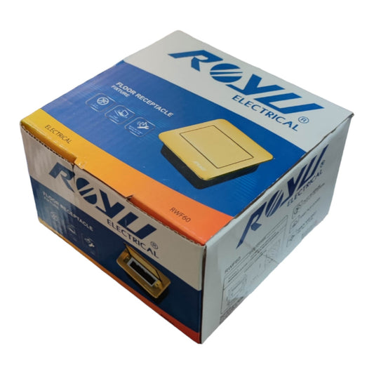 A box of Royli Electrical flush receptacle wall switches, showing a gold-colored switch panel on a blue and orange printed cardboard box.