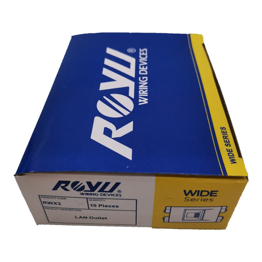 A blue and yellow cardboard box of Royu Wiring Devices Wide Series LAN Outlet, model RWX3, containing 10 pieces.