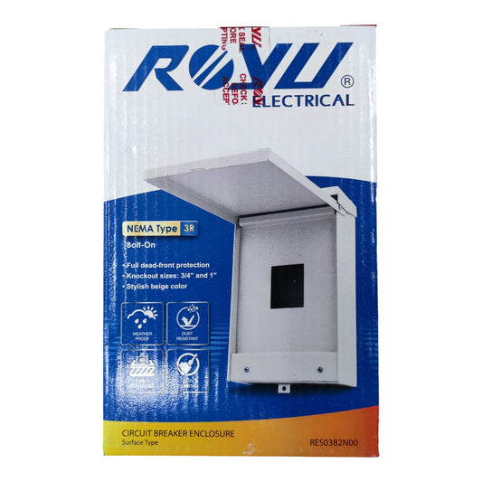Circuit breaker enclosure packaging with Rovu Electrical branding on a white background