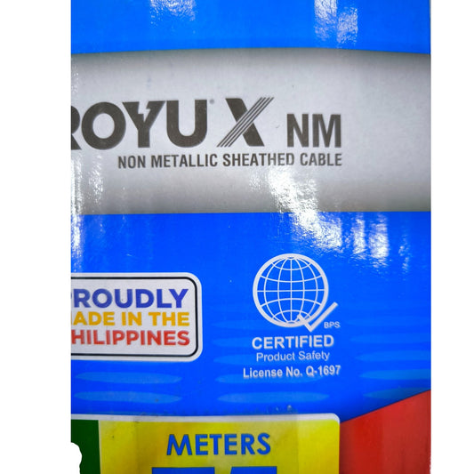 Close-up of a blue and silver ROYU X NM non metallic sheathed cable label showing certification and 'Roughly Made in the Philippines' text.