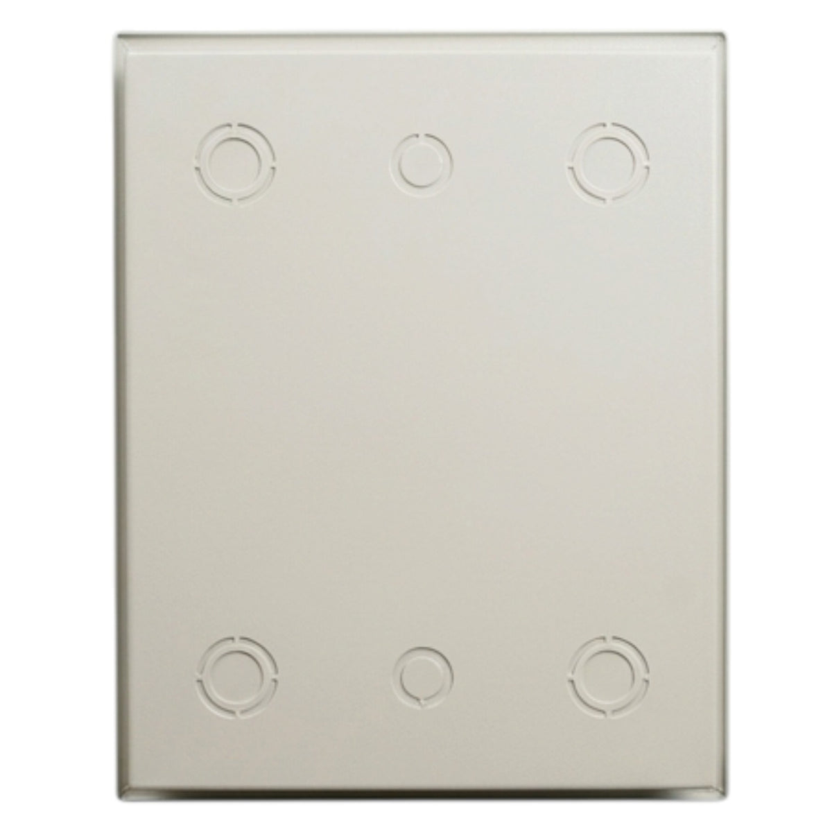 A square metal electrical junction box cover with six pre-drilled screw terminals, shown against a plain white background.