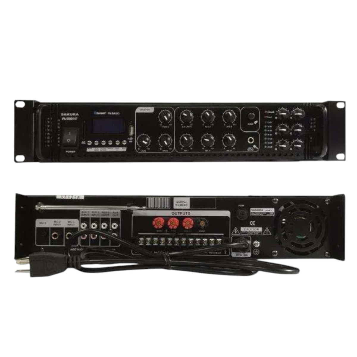 Sakura 500W Public Address Amplifier 220V PA 500 UB Bluetooth USB/SD Port Fm Tuner Build in Chime 3 Microphone Input 6 Individual Zone Control