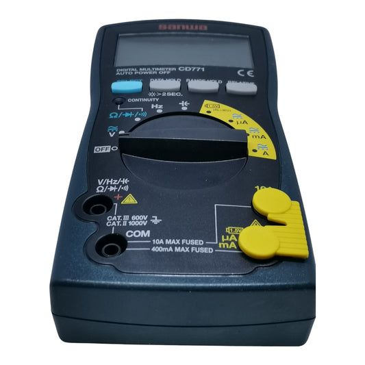 Multimeter with digital display and various buttons on a white background Sanwa CD771 Digital Tester 4000 Count Multimeter Range 1000V AC or DC 10A AC or DC 100uf Capacitance Made in Japan Available in Electx ELectrical SUpply