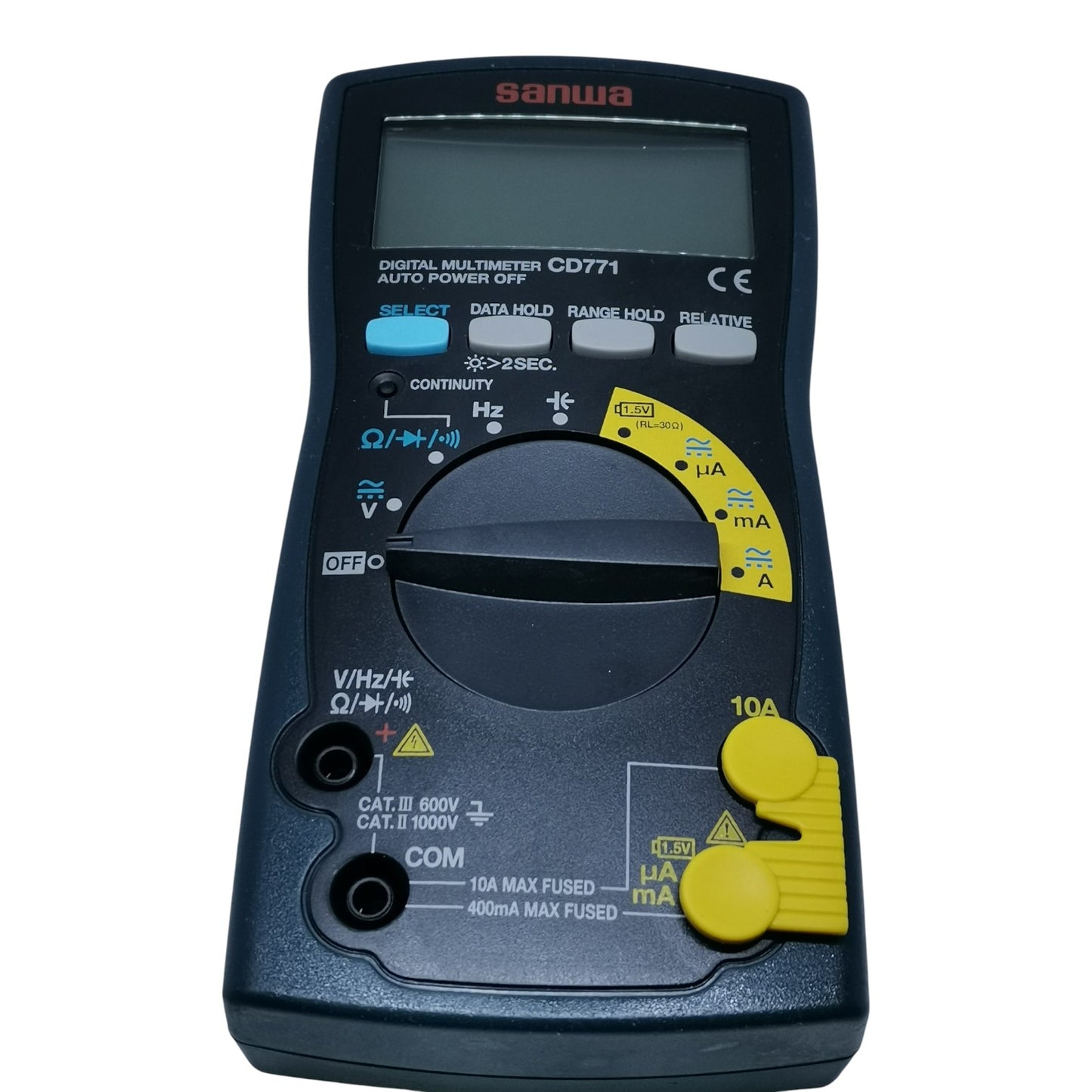 Sanwa digital multimeter on a white background Sanwa CD771 Digital Tester 4000 Count Multimeter Range 1000V AC or DC 10A AC or DC 100uf Capacitance Made in Japan Available in Electx ELectrical SUpply