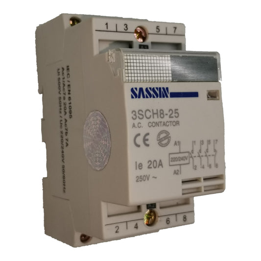 A SASSIN 3SCH8-25 AC contactor electrical component, featuring a beige plastic housing with blue branding and technical specifications printed on the front, set against a plain white background.