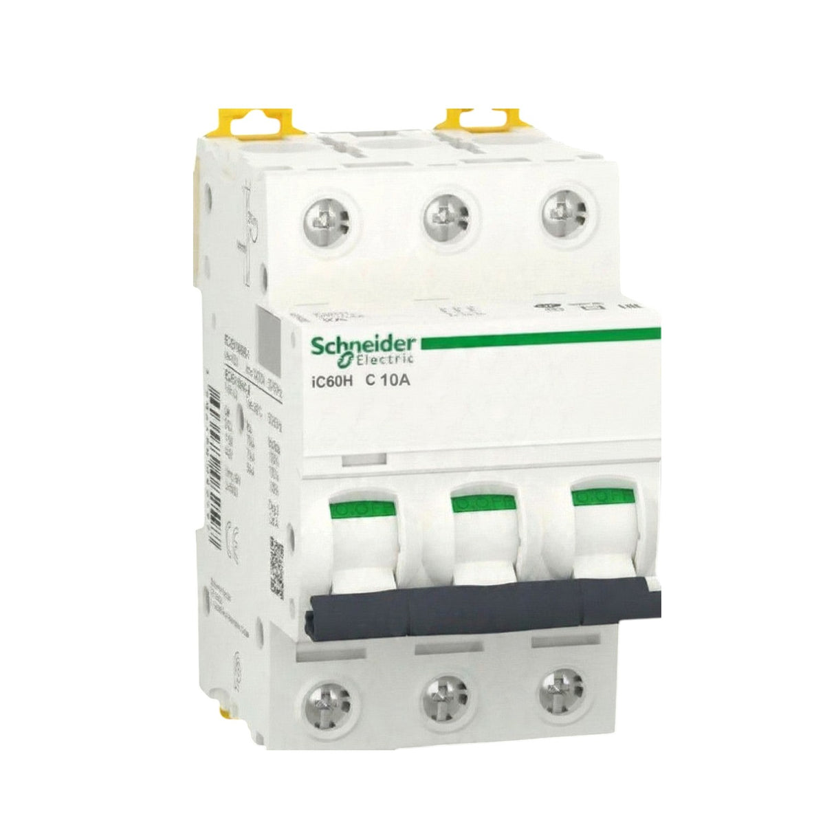 Schneider Electric IC68H C 10A modular circuit breaker, white plastic housing with green and yellow accents, three green-labeled switch handles, and a dark gray front latch, shown on a plain white background.