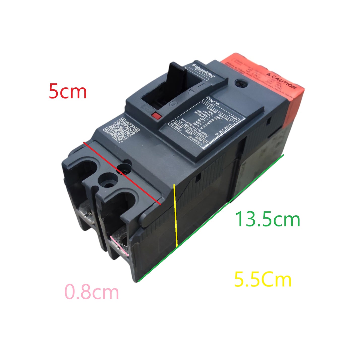 Schneider 15A 2P Industrial Circuit Breaker 50KAIC in black with red end handle and terminal measurements shown