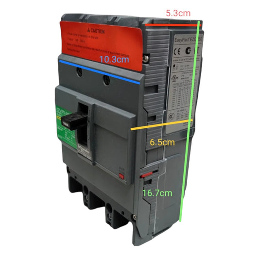 A gray electrical circuit breaker with overlaid dimension labels showing 10.3cm, 5.