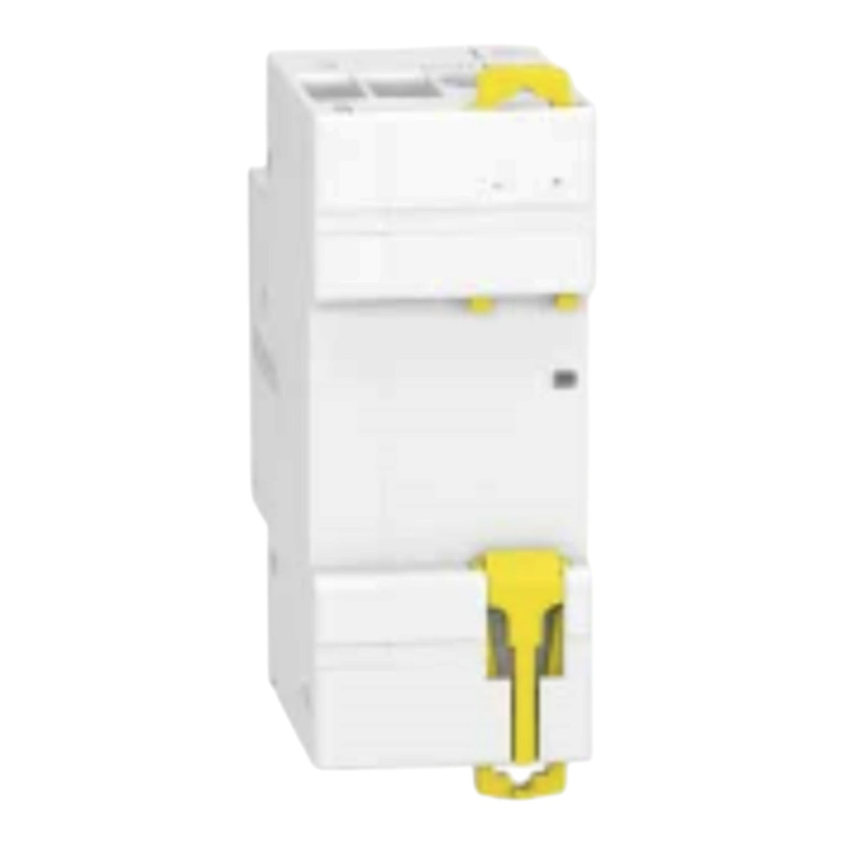 A white electrical circuit breaker module with yellow safety handles and accents, shown on a plain white background.