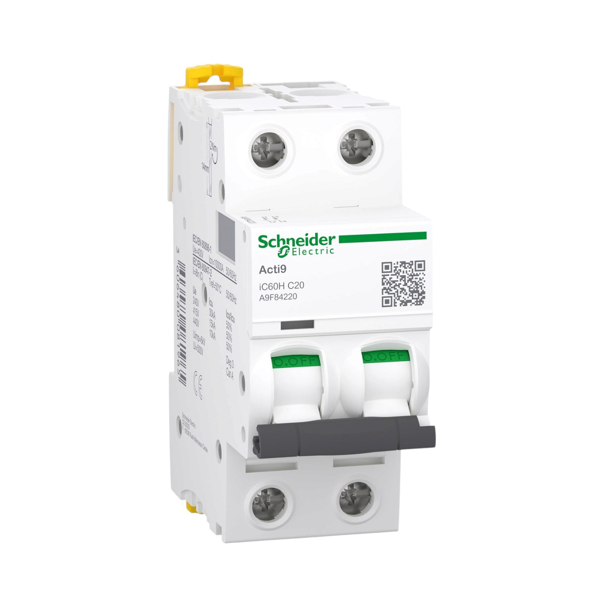 Schneider 20A 2 Pole 30KAIC 220V Miniature Circuit Breaker MCB A9F84220 iC60H C 20A IEC/EN 60898-1