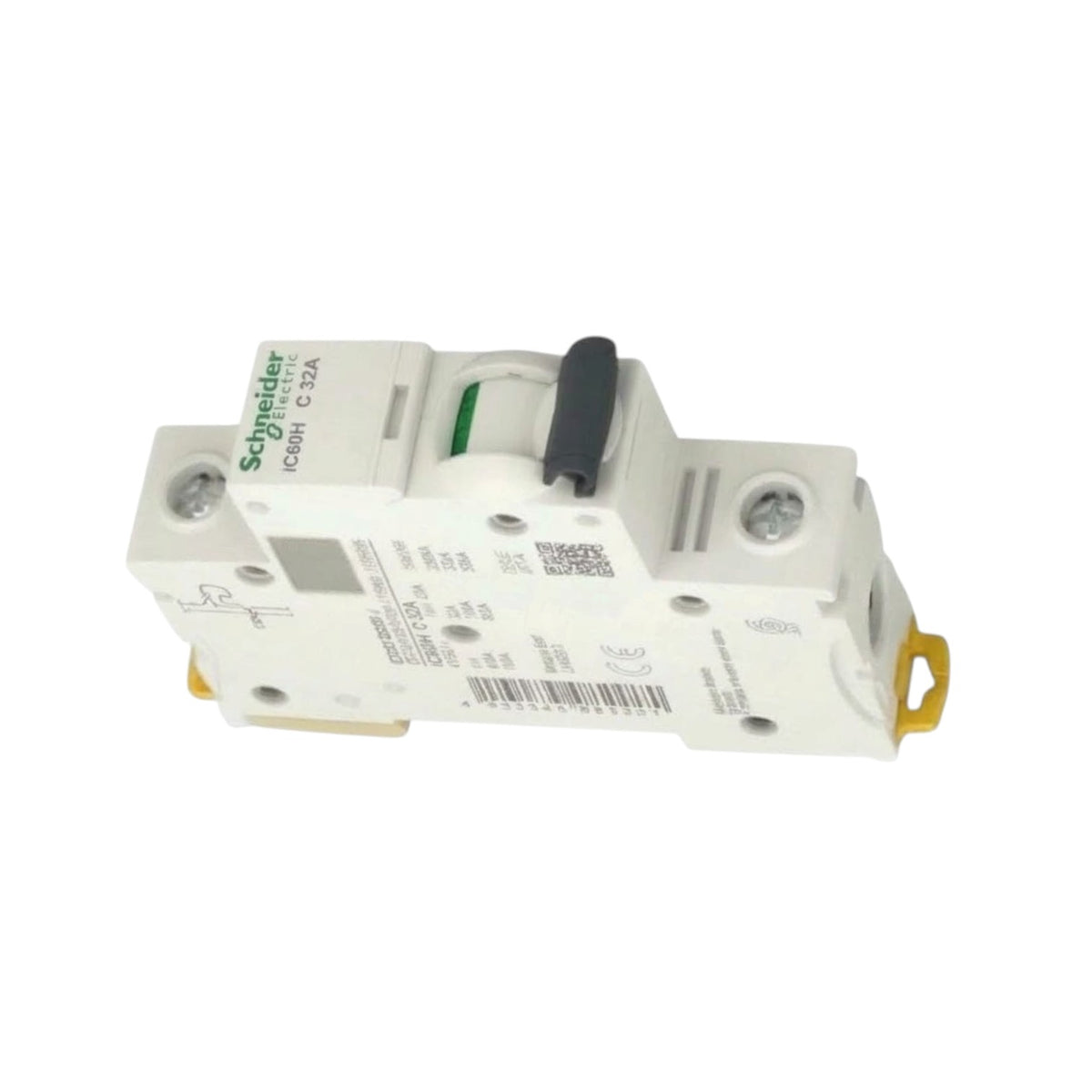 Schneider IEC6050 C 20A modular circuit breaker with a white plastic housing, black lever handle, green Schneider logo, and yellow terminal caps, shown on a white background.