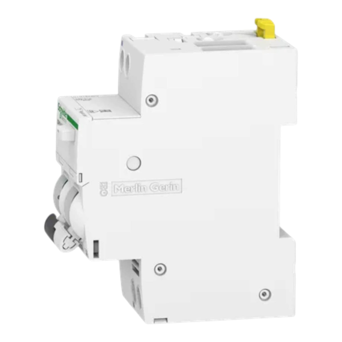 A white Merlin electrical circuit breaker with a yellow top switch and a small green label, shown on a plain white background.