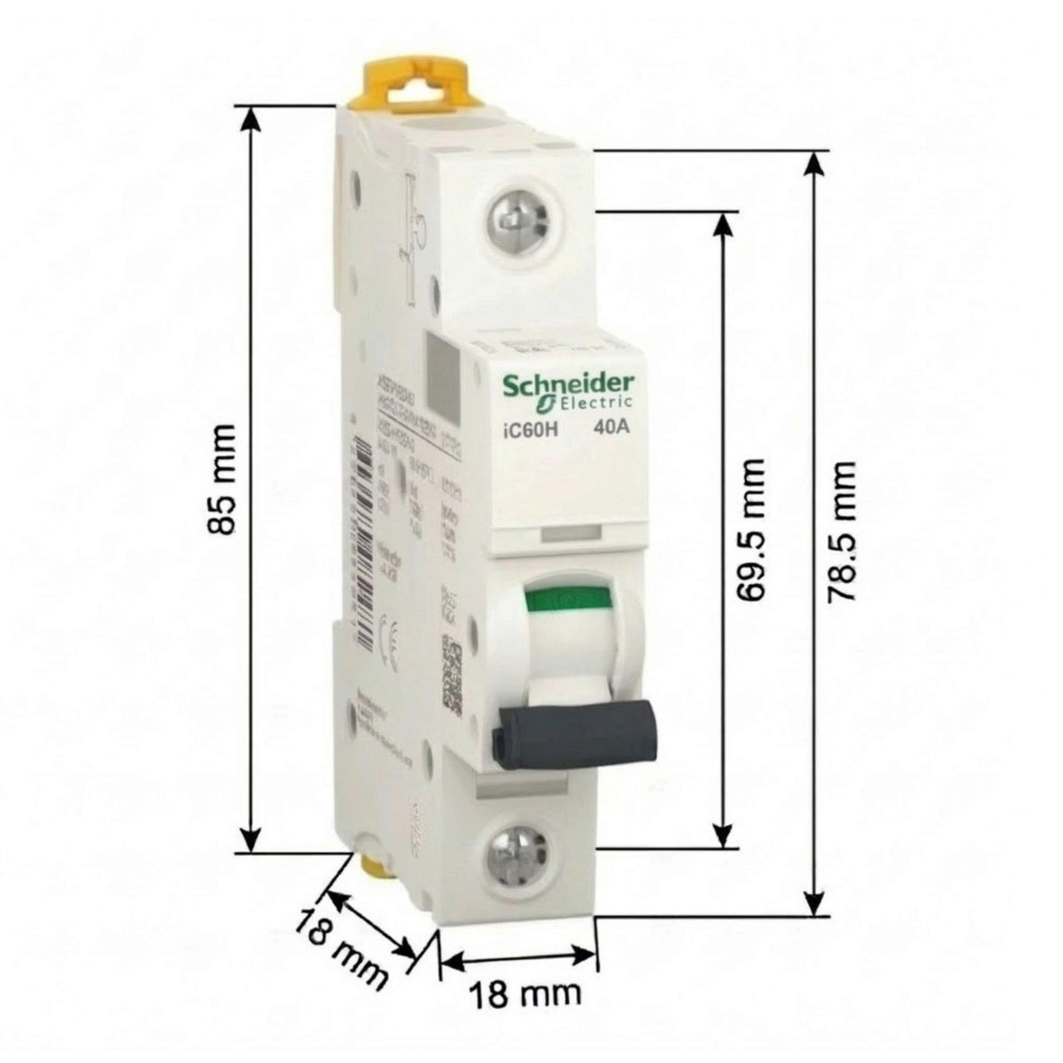 Schneider Electric IC60H 40A modular circuit breaker with dimension annotations showing 85 mm height, 78.5 mm overall height, 69.