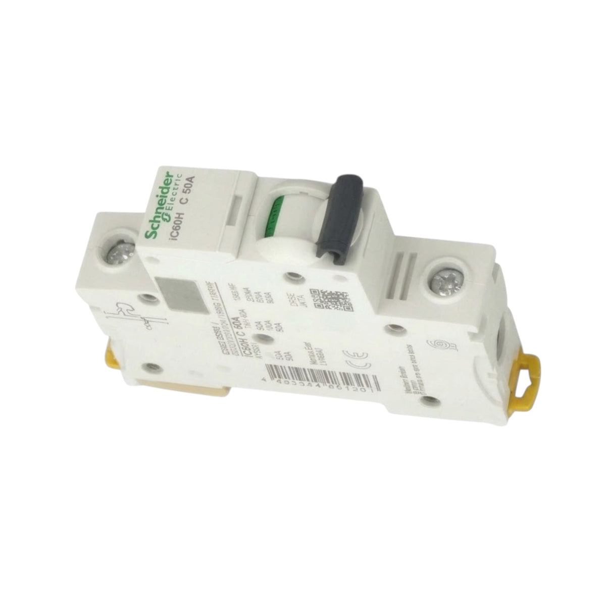 Schneider ICB60 C 20A modular circuit breaker with a white plastic housing, black lever handle, green Schneider logo, and yellow terminal caps, shown on a white background.