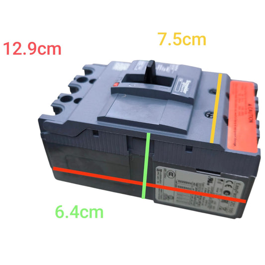 A dark gray electrical breaker or switch component shown on a white background with colored measurement lines and text labels indicating dimensions: 12.9cm, 7.