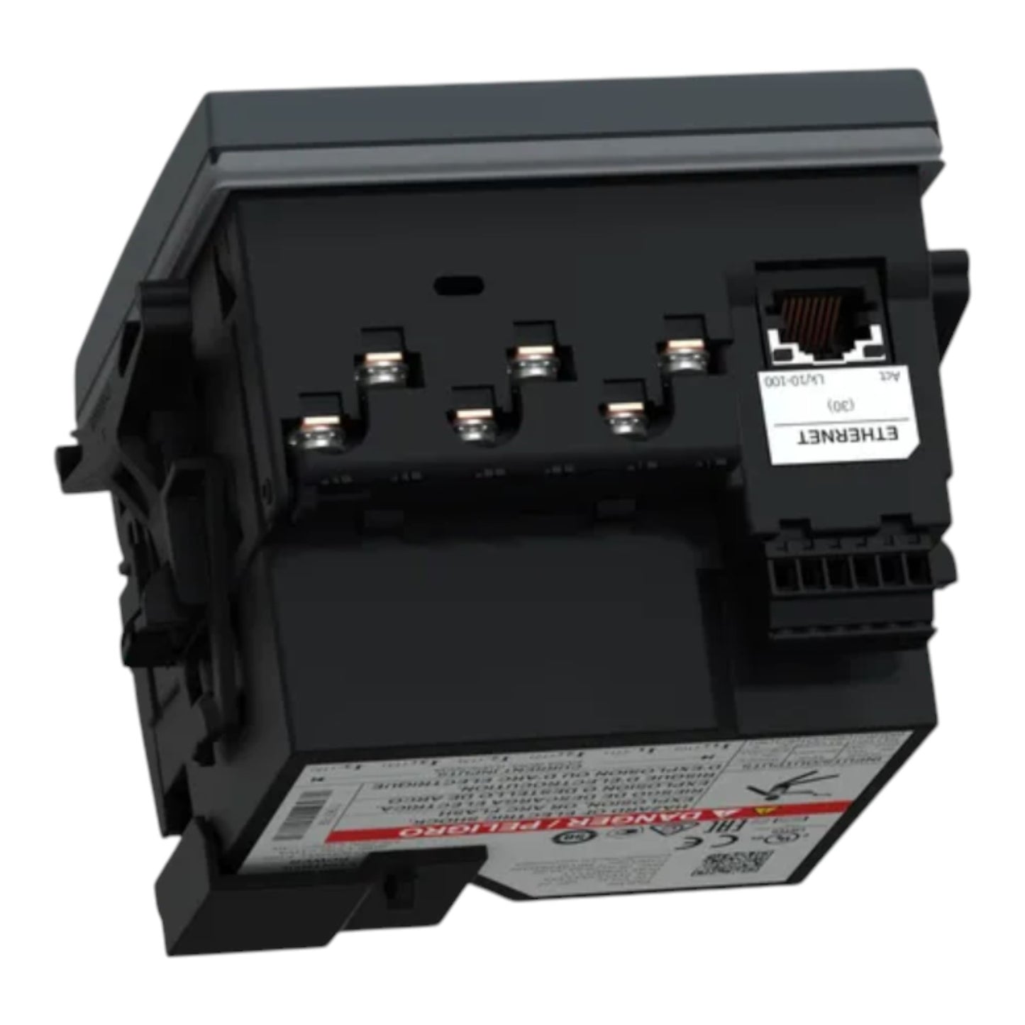A black industrial electrical module with an RJ45 Ethernet port, terminal blocks, and printed technical labels, photographed on a plain white background.