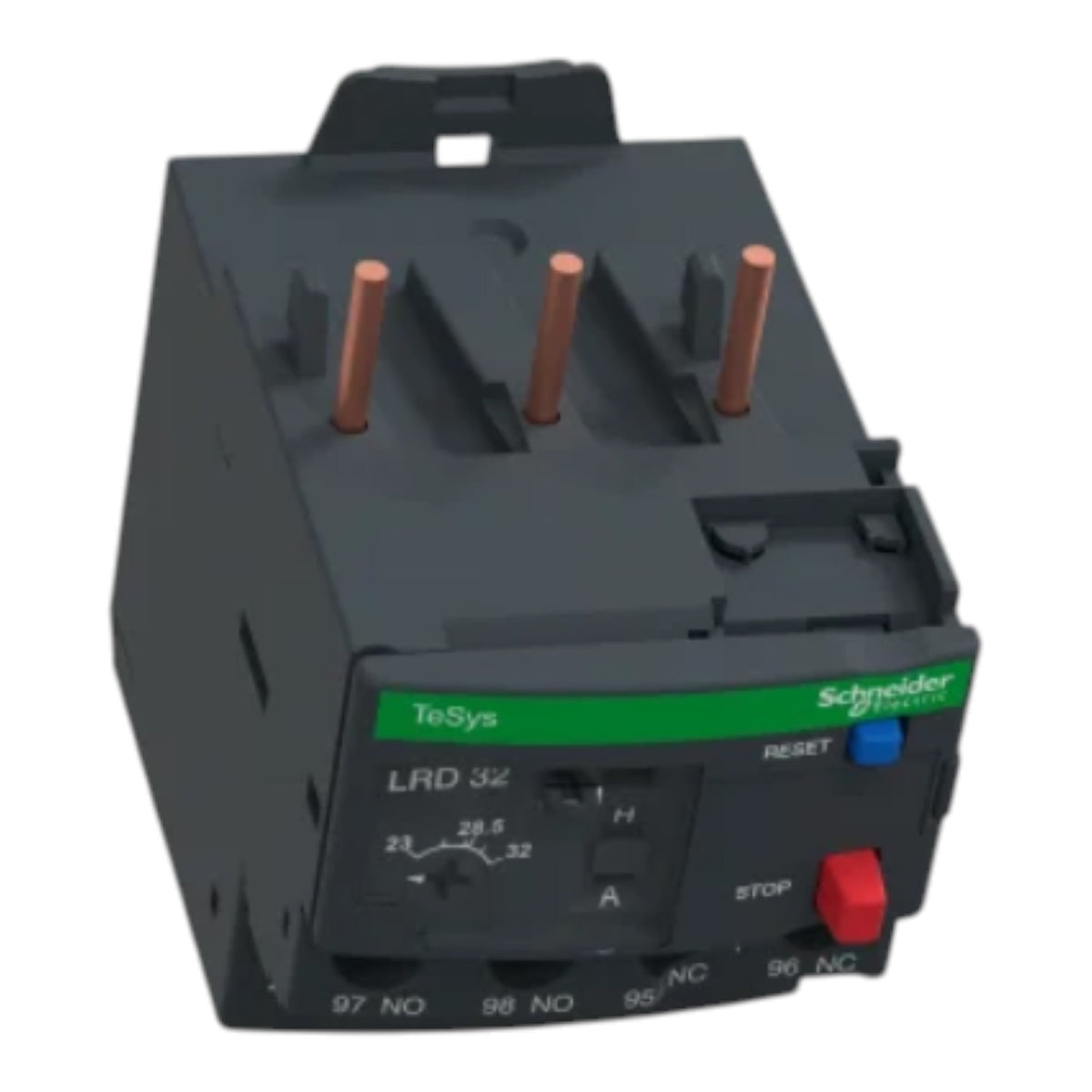 Schneider Electric ToSys LRD 32 contact relay in dark gray plastic with copper-colored terminals, a green brand label, and red and blue buttons on the front panel.