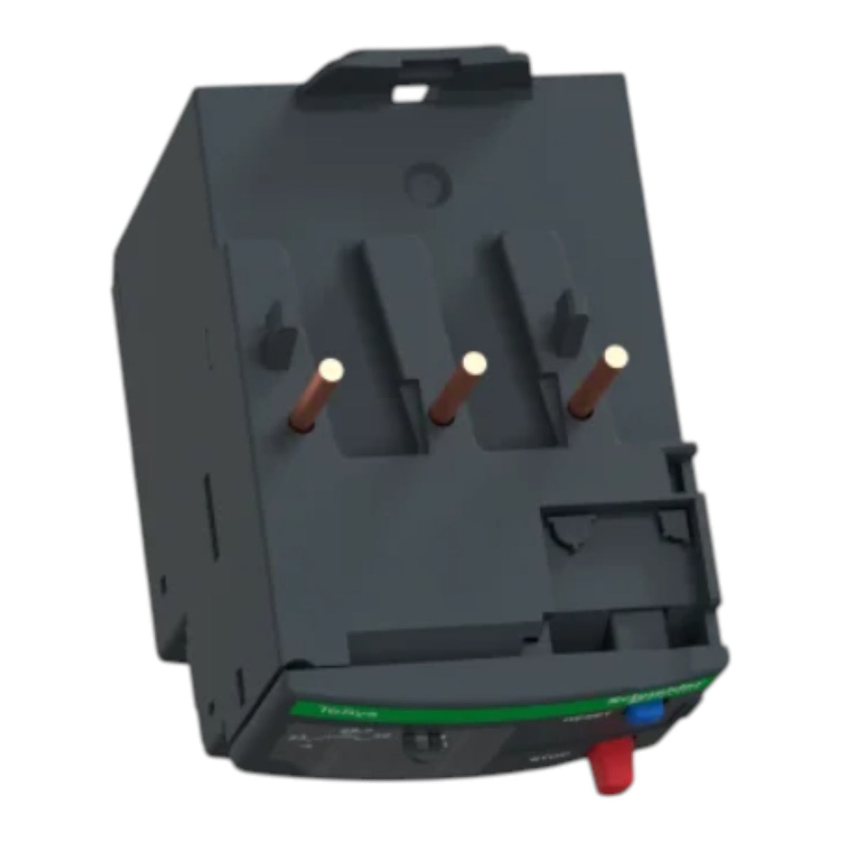A dark gray electrical contactor or relay component with four copper-colored terminal posts and a small green and red label band near the bottom, shown on a plain white background.