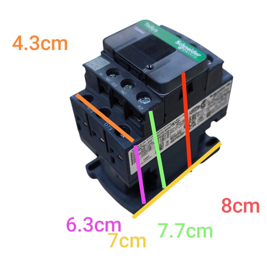 Electrical contactor with dimensions labeled on a white background