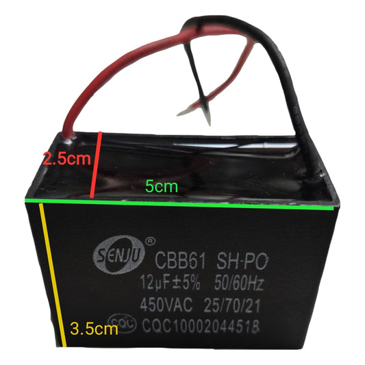 Capacitor with labeled dimensions and SENJU branding on a white background