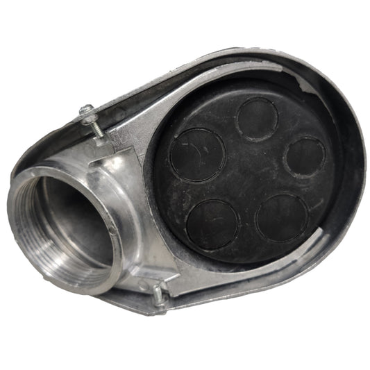 A metal plumbing fitting with a threaded male connection on one side and a black rubber gasket with four circular ports on the other, shown on a white background.