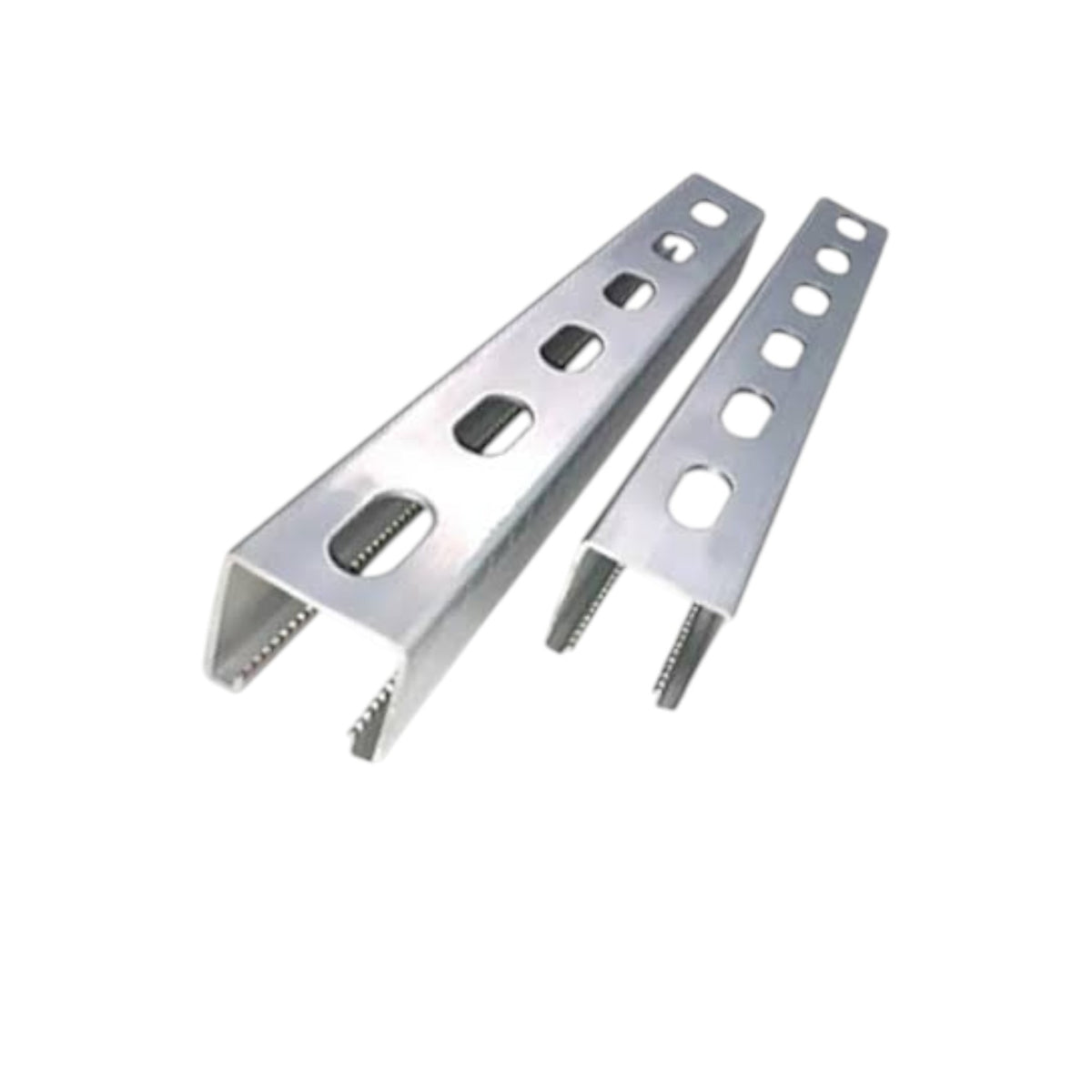 Two silver metal mounting brackets with pre-drilled holes, shown on a plain white background.