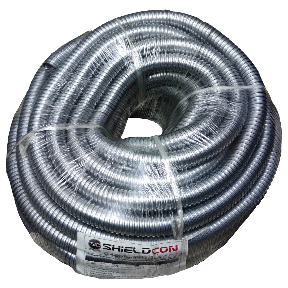 Coiled cable with Shieldcon label on a white background