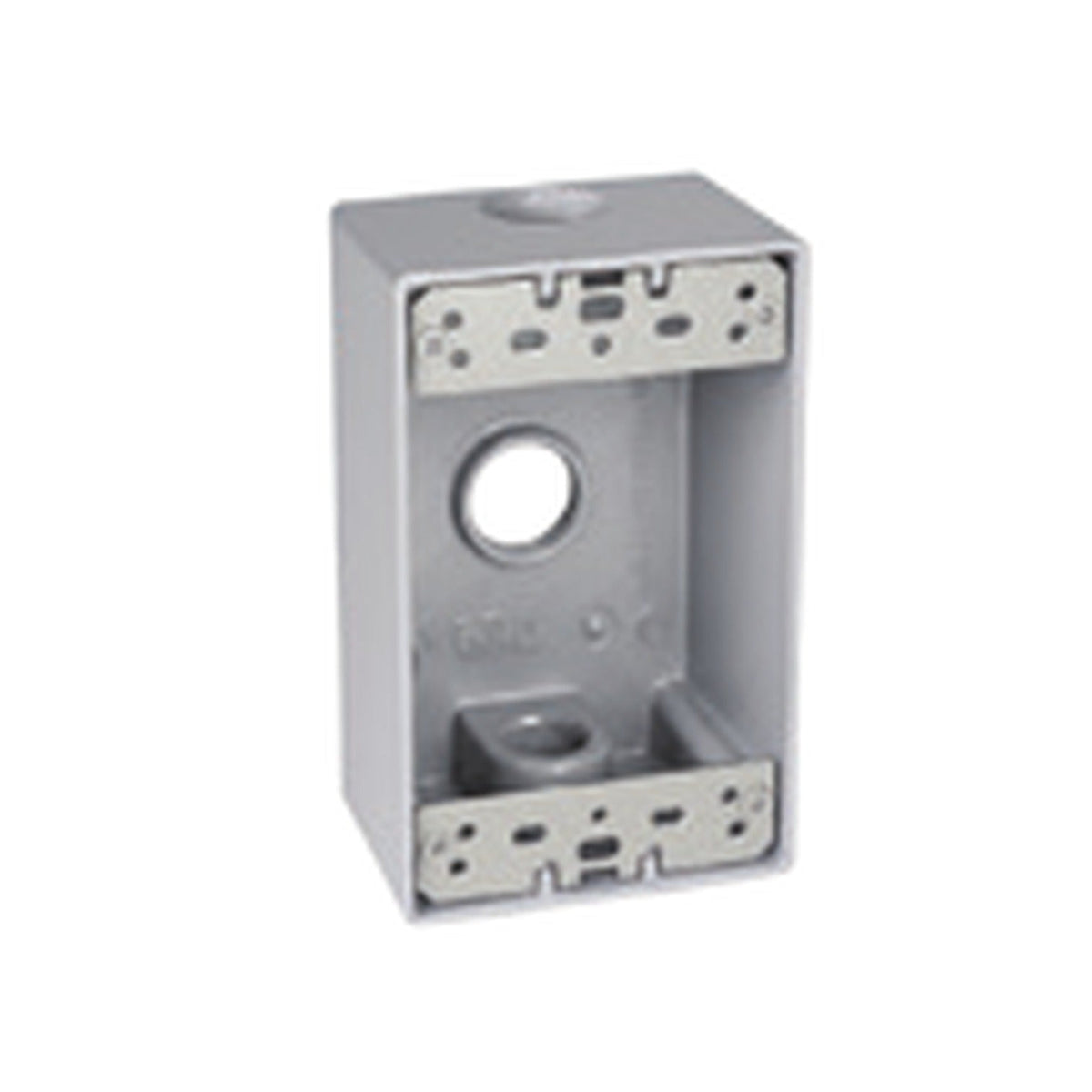A silver-gray metal electrical junction box with a circular opening in the center and mounting slots on the front, shown on a plain white background.