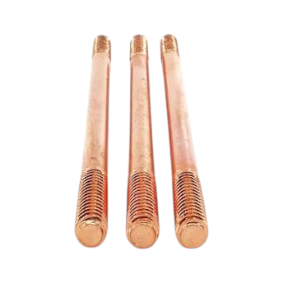 Three copper-colored threaded metal rods shown upright on a plain white background.