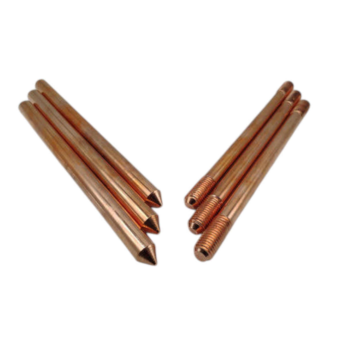 Six copper-colored metal ground stakes or pins arranged in two groups on a plain white background, with two threaded ends visible.