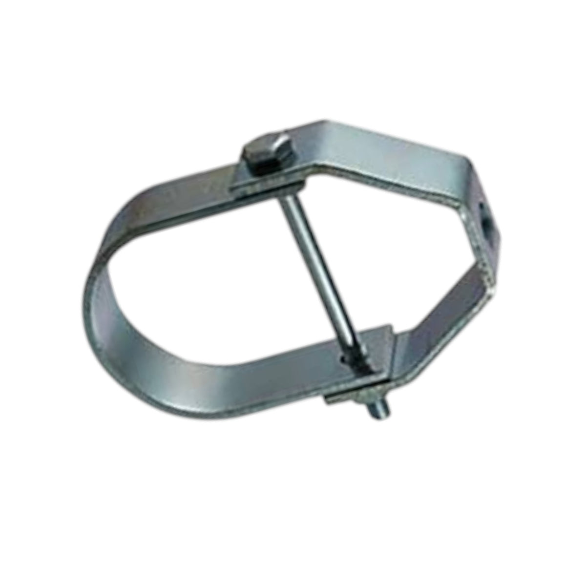 A galvanized steel loop clamp with a central bolt and nut, isolated on a white background.