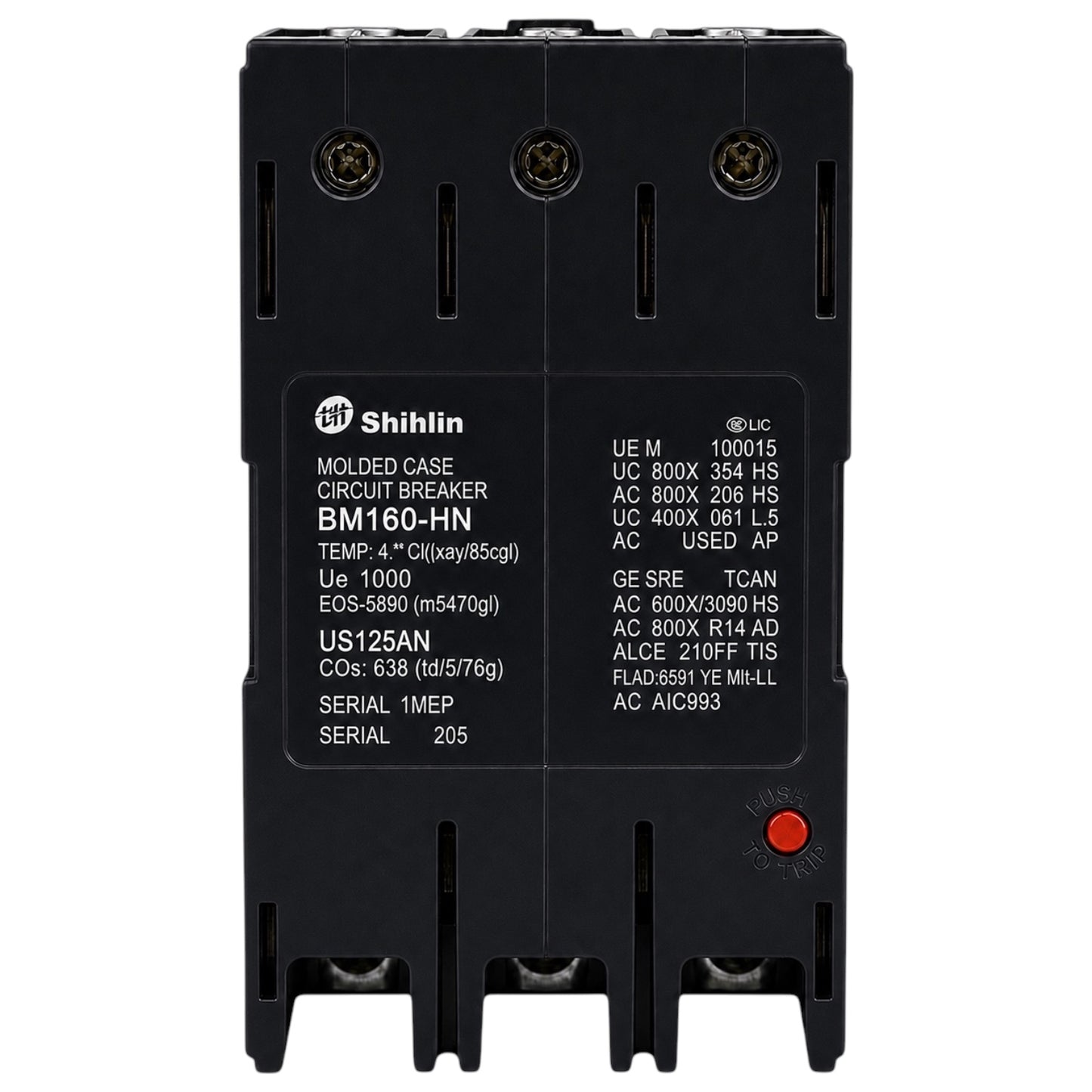 A Shihlin BM160-HN molded circuit breaker in a black plastic case, featuring white technical specifications printed on the front and a small red terminal screw on the lower right.