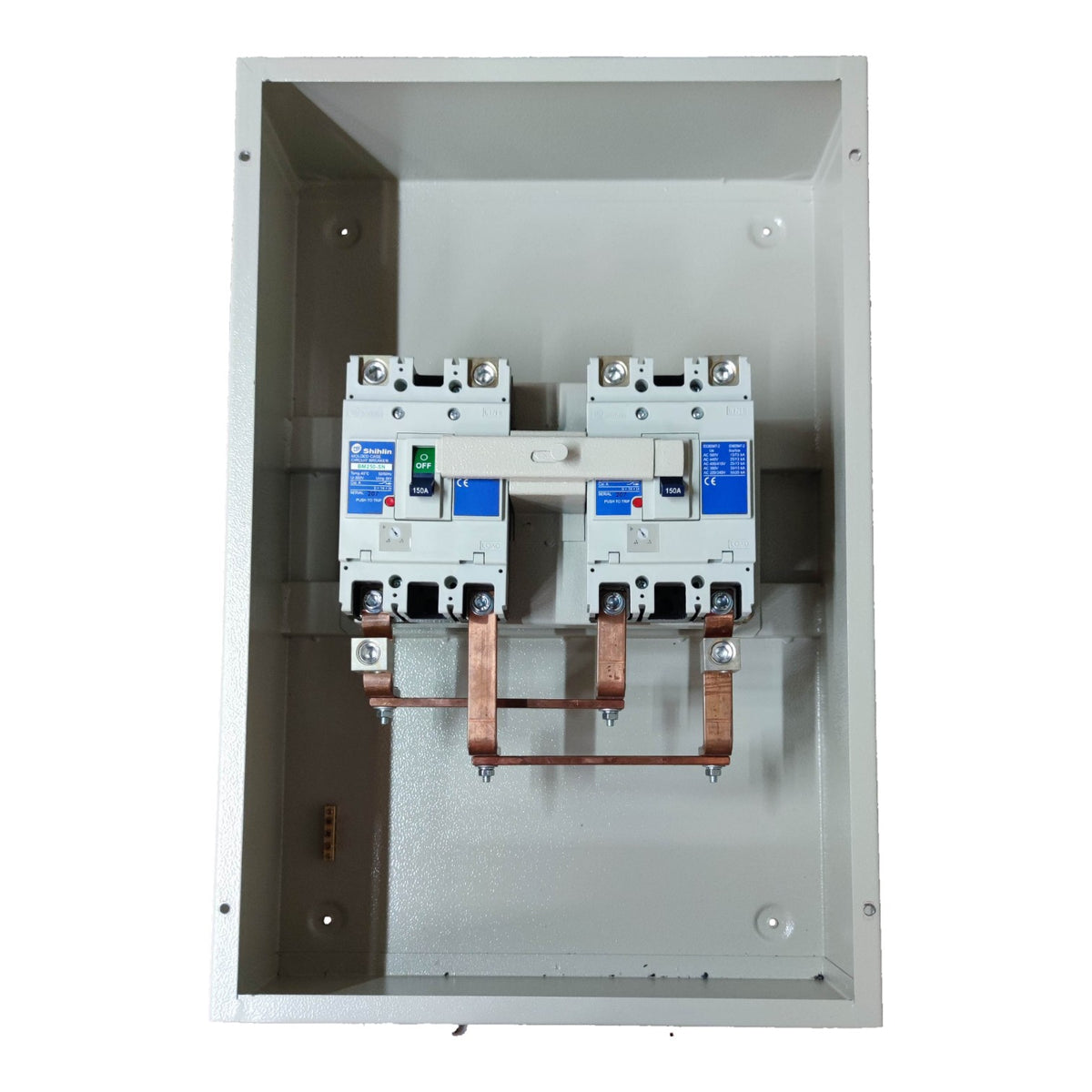 Electrical panel with circuit breakers and copper conduits on a white background