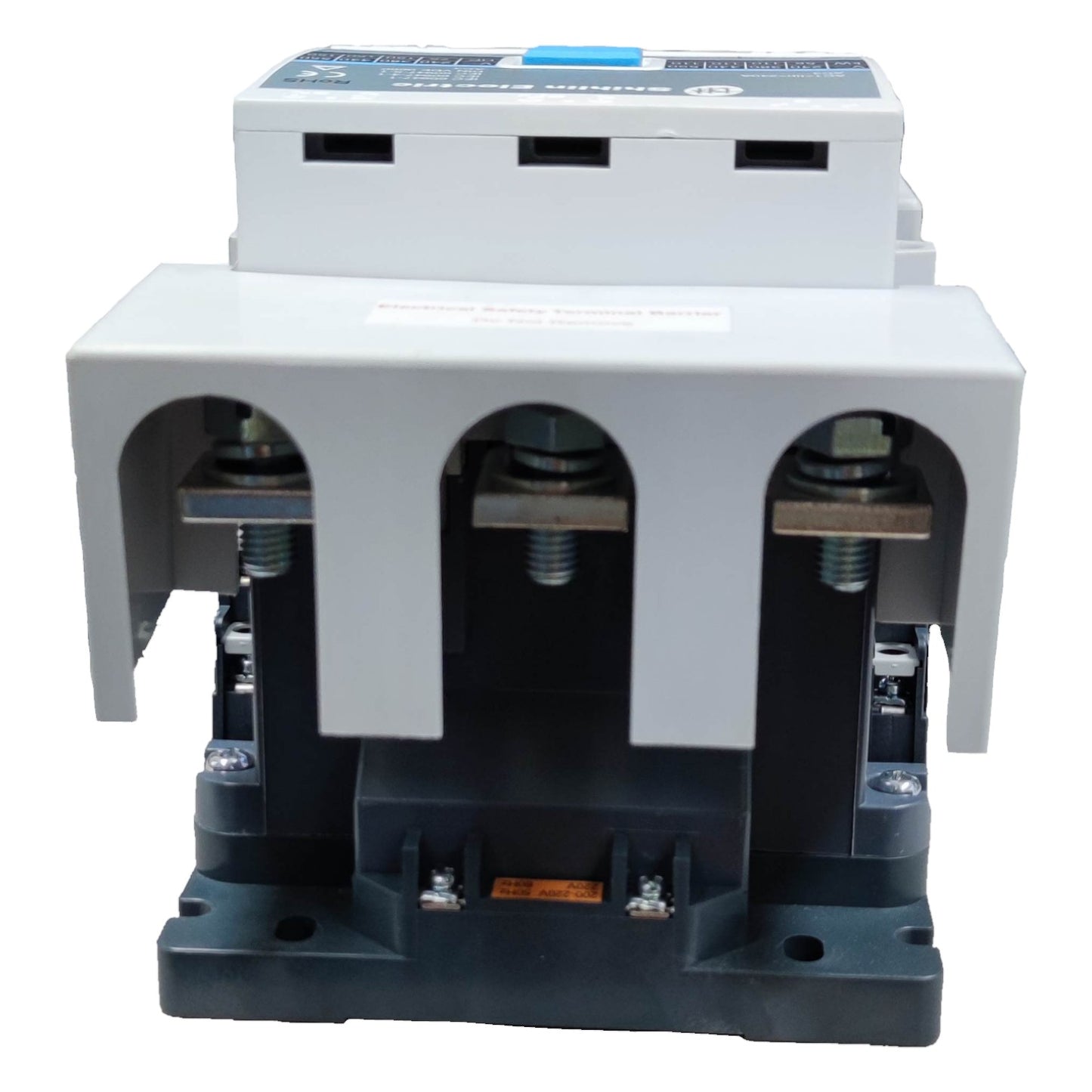 Electrical component with a white and black casing on a white background