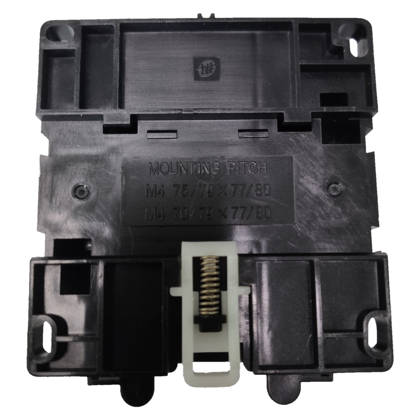 Black mechanical component with mounting pitch details on a white background